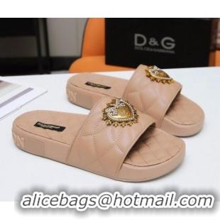 New Style Dolce&Gabbana DG Calfskin Flat Slide Sandals with Heart Charm 012308 Nude 2021 