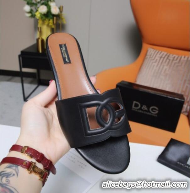 Fashion Dolce&Gabbana Cutout DG Calfskin Flat Slide Sandals 012506 Black 2021