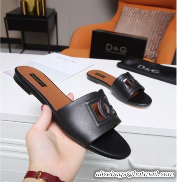 Fashion Dolce&Gabbana Cutout DG Calfskin Flat Slide Sandals 012506 Black 2021