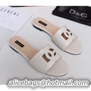 Good Quality Dolce&Gabbana Cutout DG Calfskin Flat Slide Sandals 012506 White 2021