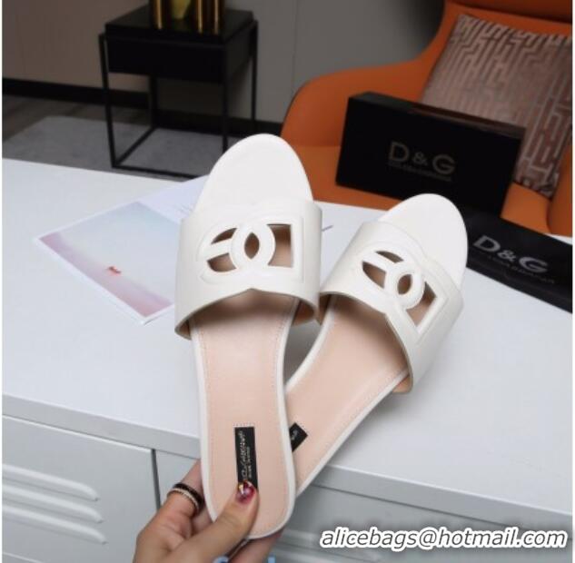 Good Quality Dolce&Gabbana Cutout DG Calfskin Flat Slide Sandals 012506 White 2021