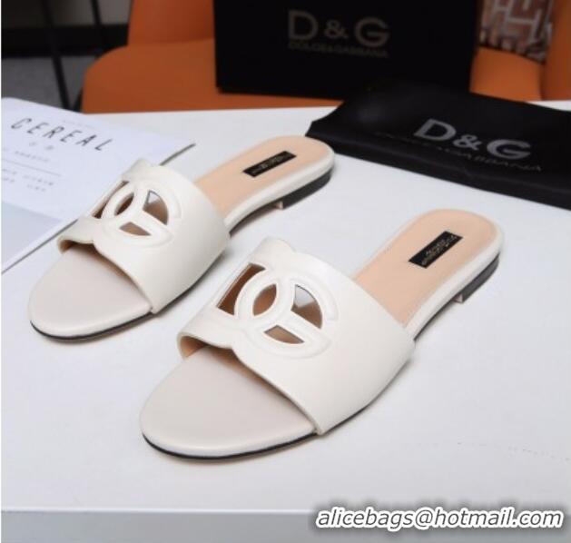 Good Quality Dolce&Gabbana Cutout DG Calfskin Flat Slide Sandals 012506 White 2021