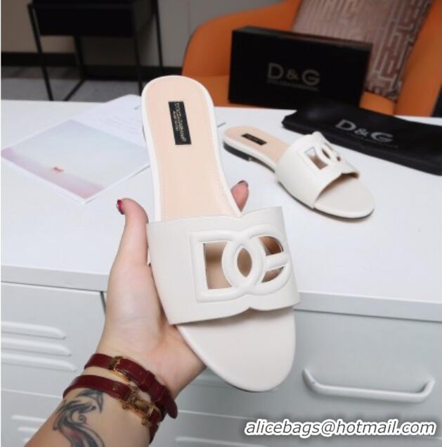 Good Quality Dolce&Gabbana Cutout DG Calfskin Flat Slide Sandals 012506 White 2021