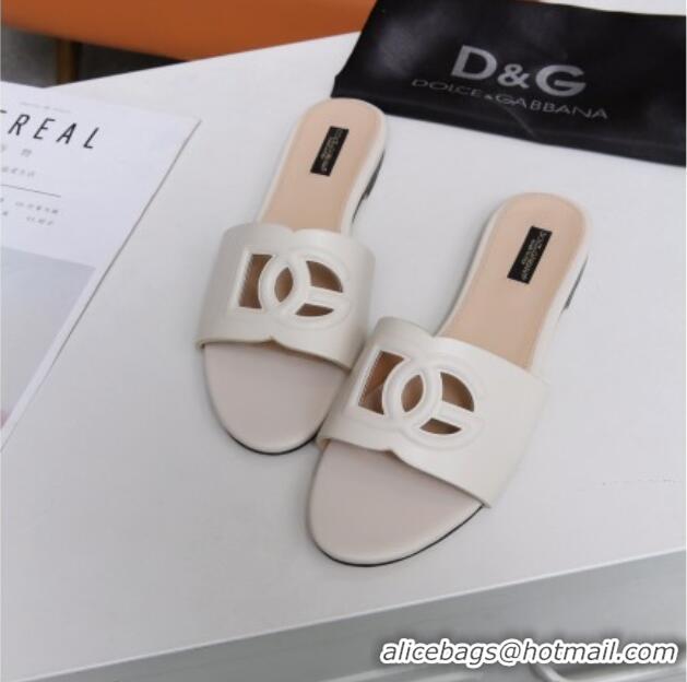 Good Quality Dolce&Gabbana Cutout DG Calfskin Flat Slide Sandals 012506 White 2021