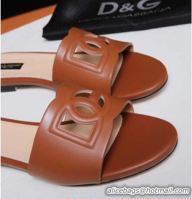 Good Looking Dolce&Gabbana Cutout DG Calfskin Flat Slide Sandals 012506 Brown 2021