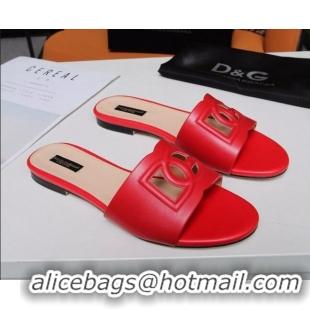 Top Design Dolce&Gabbana Cutout DG Calfskin Flat Slide Sandals 012506 Red 2021