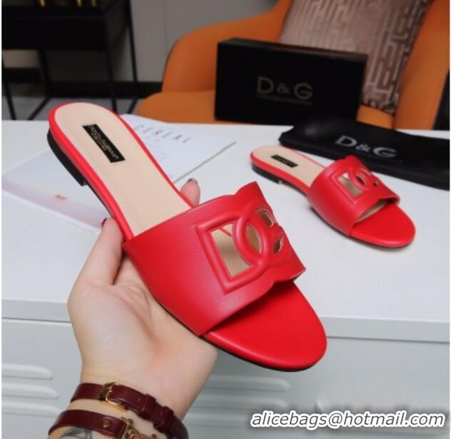 Top Design Dolce&Gabbana Cutout DG Calfskin Flat Slide Sandals 012506 Red 2021