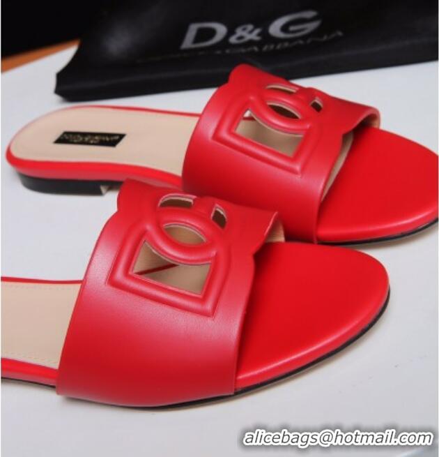 Top Design Dolce&Gabbana Cutout DG Calfskin Flat Slide Sandals 012506 Red 2021