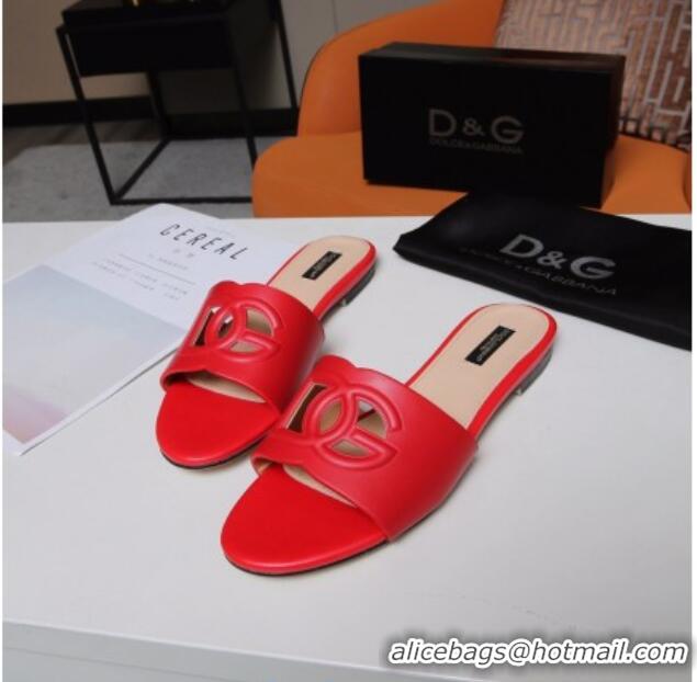 Top Design Dolce&Gabbana Cutout DG Calfskin Flat Slide Sandals 012506 Red 2021