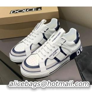 Top Grade Dolce&Gabbana Men's Silky Calfskin Sneakers 126123 White/Navy Blue