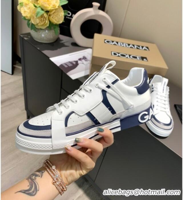 Top Grade Dolce&Gabbana Men's Silky Calfskin Sneakers 126123 White/Navy Blue