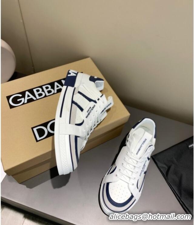 Top Grade Dolce&Gabbana Men's Silky Calfskin Sneakers 126123 White/Navy Blue