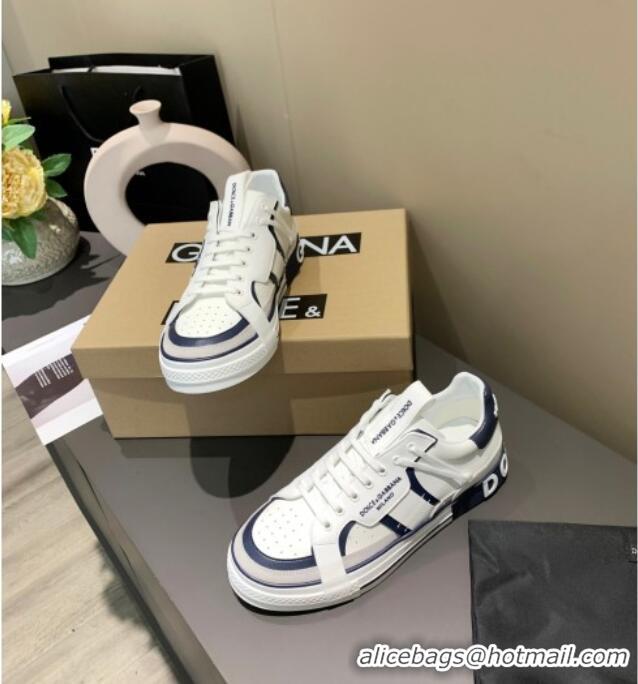 Top Grade Dolce&Gabbana Men's Silky Calfskin Sneakers 126123 White/Navy Blue