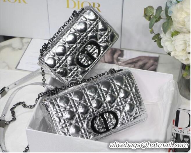 Modern Classic MEDIUM DIOR CARO BAG Silver-Tone Dior Spatial Crinkled Metallic Calfskin M9242B