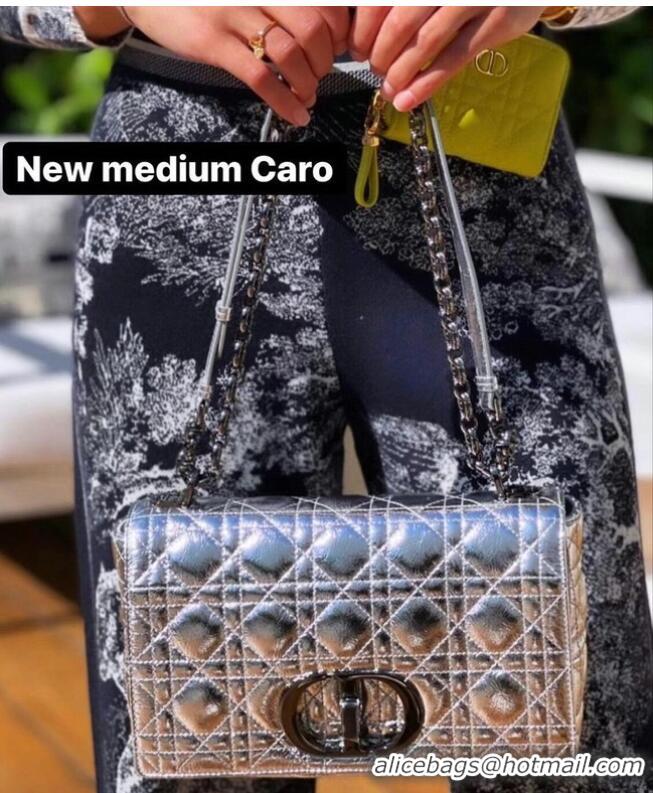 Modern Classic MEDIUM DIOR CARO BAG Silver-Tone Dior Spatial Crinkled Metallic Calfskin M9242B