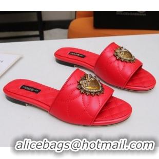 Top Quality Dolce&Gabbana DG Charm Calfskin Flat Slide Sandals 033079 Red 2021