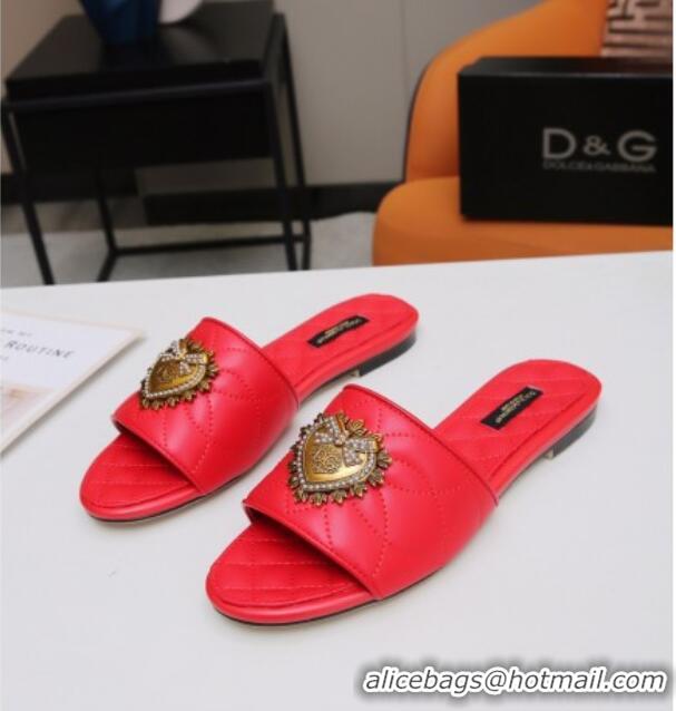 Top Quality Dolce&Gabbana DG Charm Calfskin Flat Slide Sandals 033079 Red 2021