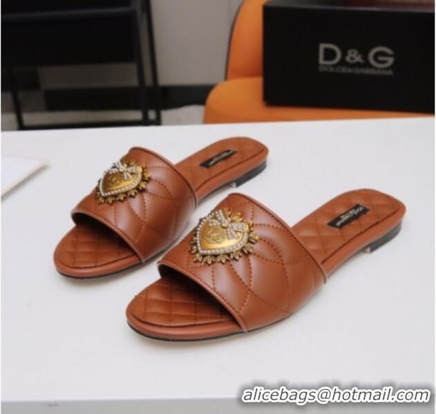 Cute Dolce&Gabbana DG Charm Calfskin Flat Slide Sandals 033079 Brown 2021