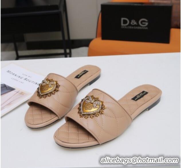 Famous Brand Dolce&Gabbana DG Charm Calfskin Flat Slide Sandals 033079 Beige 2021