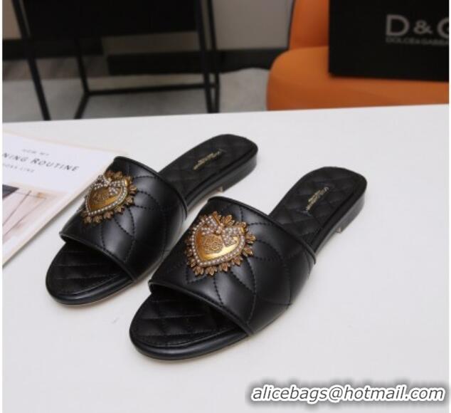 Super Quality Dolce&Gabbana DG Charm Calfskin Flat Slide Sandals 033079 Black 2021