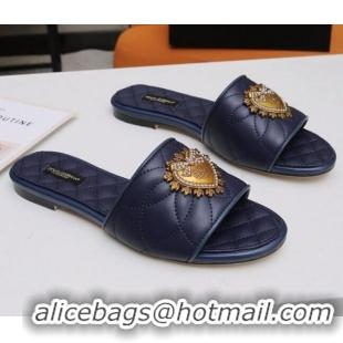 New Style Dolce&Gabbana DG Charm Calfskin Flat Slide Sandals 033079 Navy Blue 2021