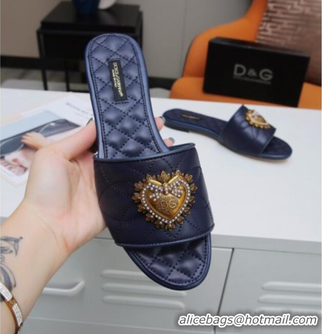 New Style Dolce&Gabbana DG Charm Calfskin Flat Slide Sandals 033079 Navy Blue 2021