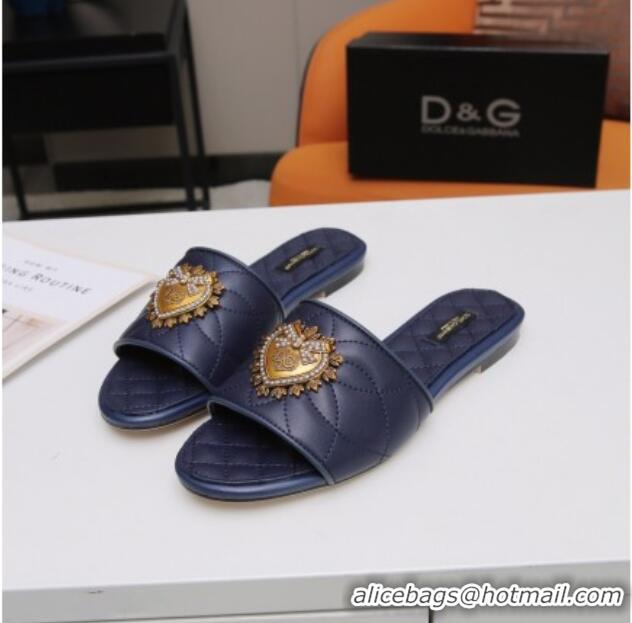 New Style Dolce&Gabbana DG Charm Calfskin Flat Slide Sandals 033079 Navy Blue 2021