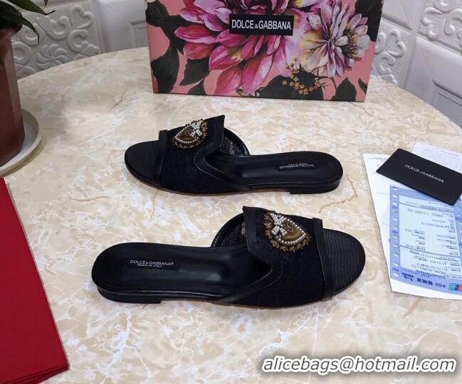 Best Quality Dolce&Gabbana DG Lace Flat Slide Sandals 033169 Black 2021