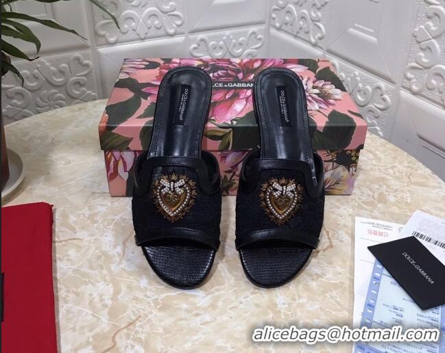 Best Quality Dolce&Gabbana DG Lace Flat Slide Sandals 033169 Black 2021