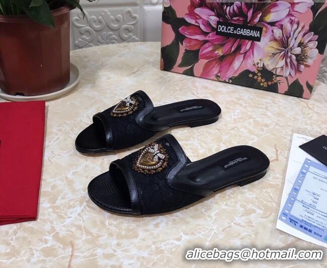 Best Quality Dolce&Gabbana DG Lace Flat Slide Sandals 033169 Black 2021