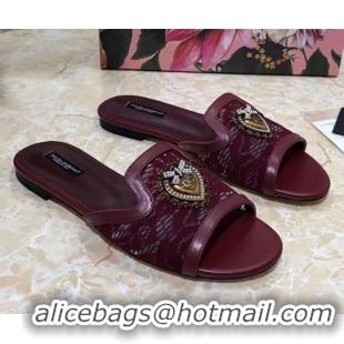 Low Price Dolce&Gabbana DG Lace Flat Slide Sandals 033169 Burgundy 2021