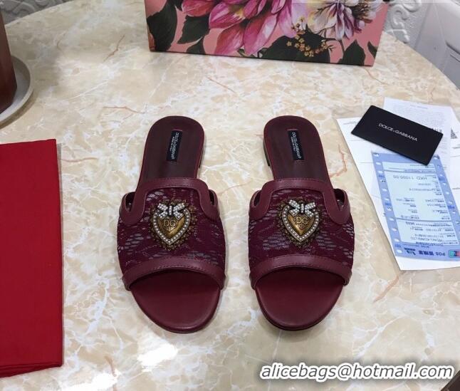 Low Price Dolce&Gabbana DG Lace Flat Slide Sandals 033169 Burgundy 2021