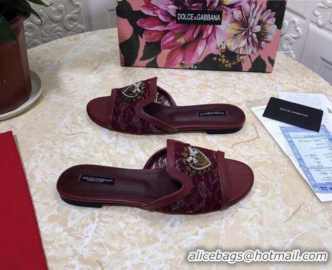 Low Price Dolce&Gabbana DG Lace Flat Slide Sandals 033169 Burgundy 2021