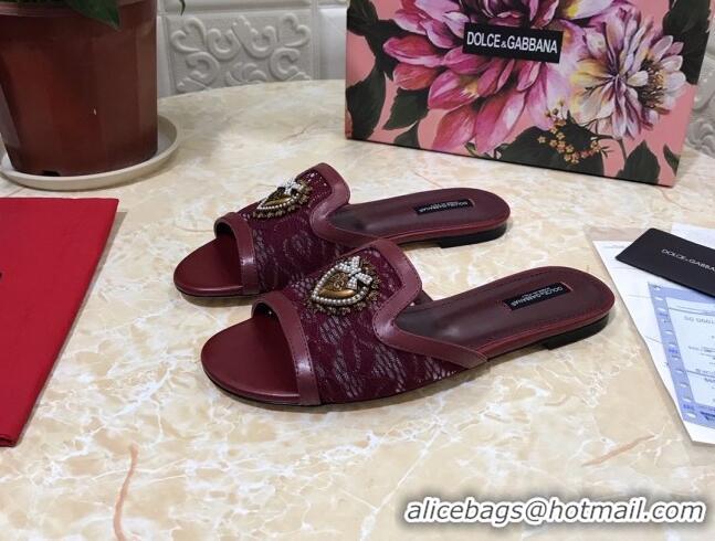 Low Price Dolce&Gabbana DG Lace Flat Slide Sandals 033169 Burgundy 2021