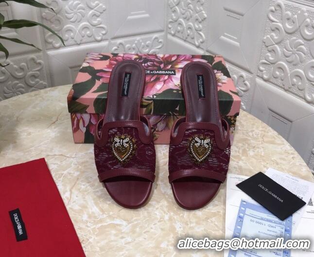 Low Price Dolce&Gabbana DG Lace Flat Slide Sandals 033169 Burgundy 2021