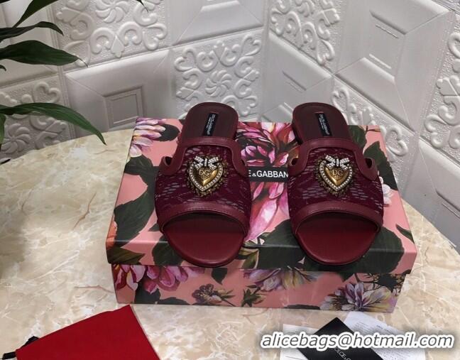 Low Price Dolce&Gabbana DG Lace Flat Slide Sandals 033169 Burgundy 2021