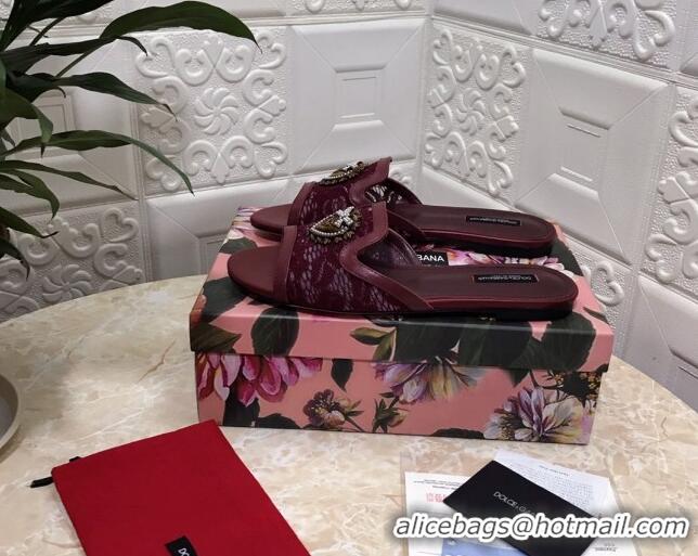 Low Price Dolce&Gabbana DG Lace Flat Slide Sandals 033169 Burgundy 2021