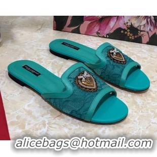 Best Price Dolce&Gabbana DG Lace Flat Slide Sandals 033169 Green 2021