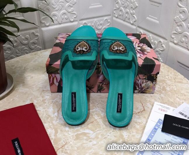 Best Price Dolce&Gabbana DG Lace Flat Slide Sandals 033169 Green 2021