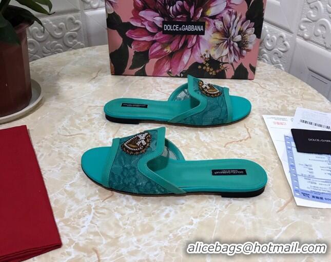 Best Price Dolce&Gabbana DG Lace Flat Slide Sandals 033169 Green 2021