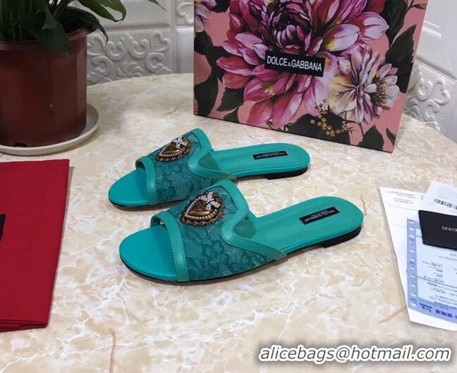 Best Price Dolce&Gabbana DG Lace Flat Slide Sandals 033169 Green 2021