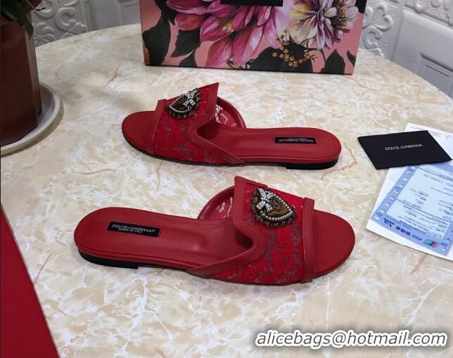 Elegant Dolce&Gabbana DG Lace Flat Slide Sandals 033169 Red 2021