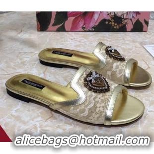 Top Quality Dolce&Gabbana DG Lace Flat Slide Sandals 033169 Beige 2021