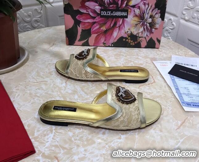 Top Quality Dolce&Gabbana DG Lace Flat Slide Sandals 033169 Beige 2021