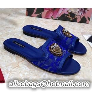 Low Cost Dolce&Gabbana DG Lace Flat Slide Sandals 033169 Royal Blue 2021