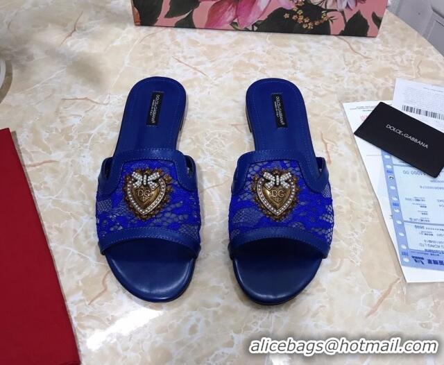 Low Cost Dolce&Gabbana DG Lace Flat Slide Sandals 033169 Royal Blue 2021