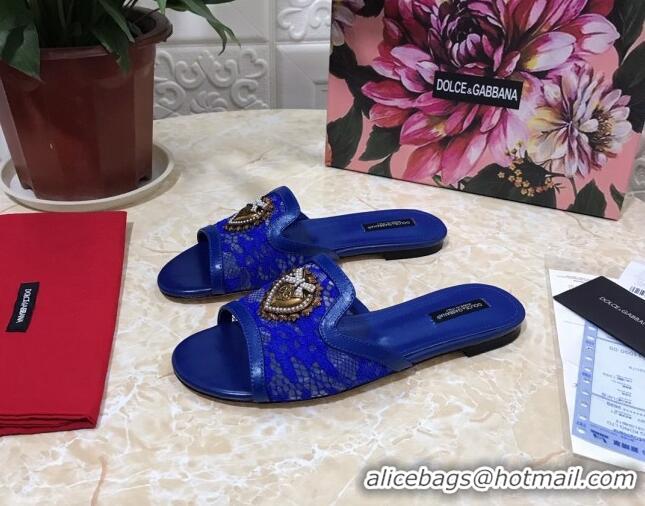 Low Cost Dolce&Gabbana DG Lace Flat Slide Sandals 033169 Royal Blue 2021