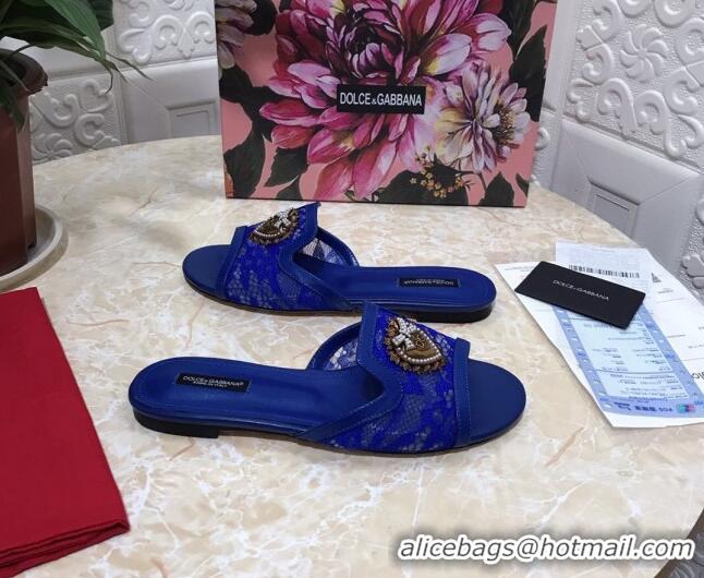 Low Cost Dolce&Gabbana DG Lace Flat Slide Sandals 033169 Royal Blue 2021