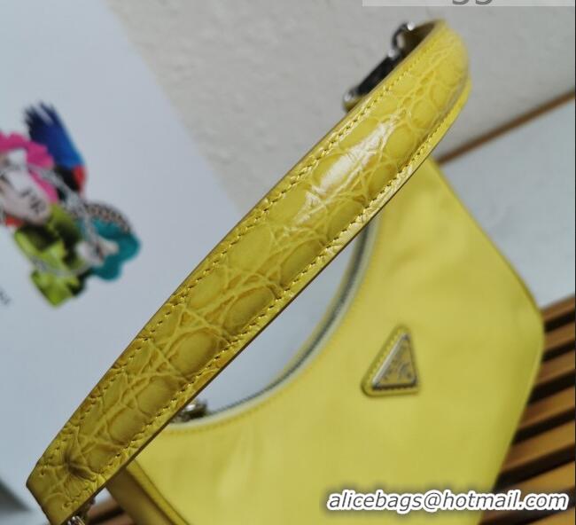 Buy Discount Prada Re-Edition 2005 Nylon and Crocodile Leather Hobo Bag 1BC204 Yellow 2021 