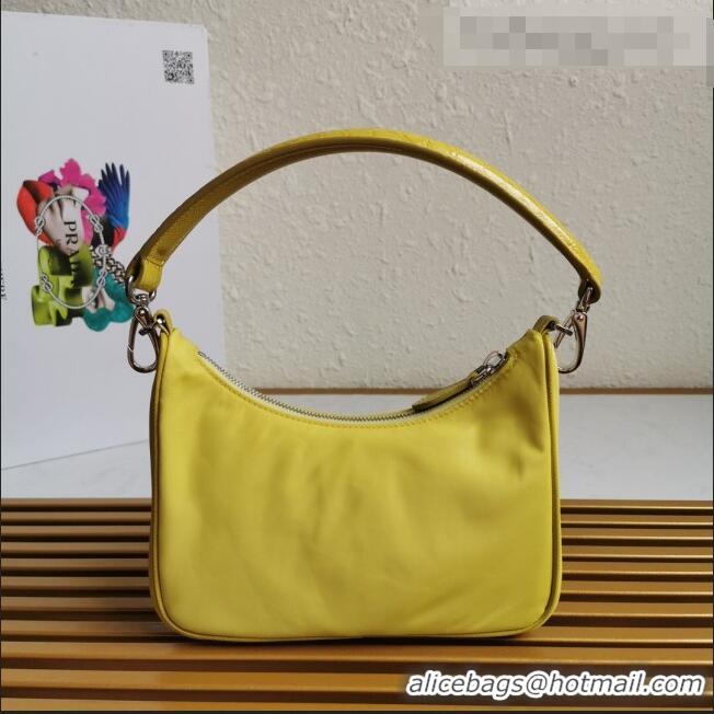 Buy Discount Prada Re-Edition 2005 Nylon and Crocodile Leather Hobo Bag 1BC204 Yellow 2021 